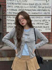 Women's Gray Decorative Bow Cardigan Sweater, Fashion Knit Casual Jacket - Grey - View 1