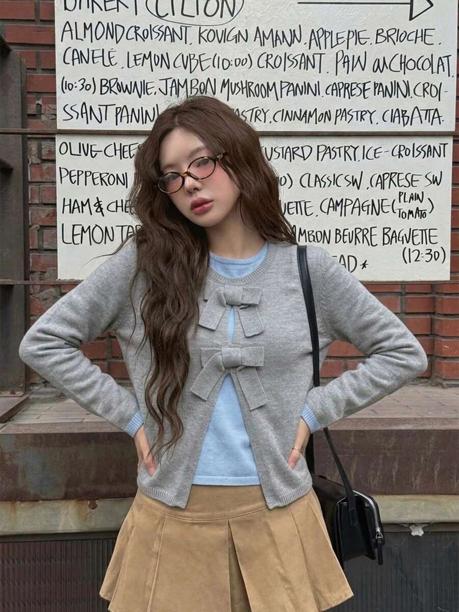 Women's Gray Decorative Bow Cardigan Sweater, Fashion Knit Casual Jacket - Grey - View 1
