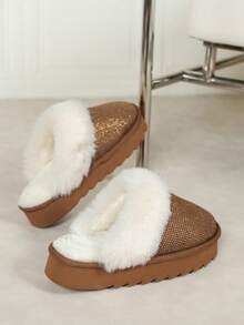 Women's Shiny Rhinestone Decor Casual Fashion Slippers, Closed Toe Thick Sole With Thermal Lining, Warm Soft Comfortable Indoor Home Leisure Slippers, Autumn/Winter - Brown - View 6