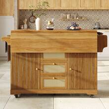 Flieks Foldable Serving Trolley, 95 Cm Kitchen Trolley With Ergonomic Height, PE Rattan Drawers, Mobile Rolling Trolley For Kitchen, Balcony & Camping - Natural - View 2