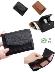 極簡 RFID 防盜刷迷你零錢包口袋錢包，日常純色荔枝紋壓花小錢包，附卡槽，可放信用卡/身分證/現金/鈔票，輕巧便攜，三折卡夾，中性款 - 彩色 - 查看 1
