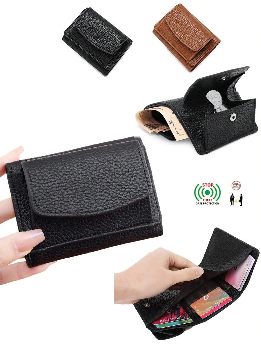 極簡 RFID 防盜刷迷你零錢包口袋錢包,日常純色荔枝紋壓花小錢包,附卡槽,可放信用卡/身分證/現金/鈔票,輕巧便攜,三折卡夾,中性款 - 彩色 - 查看 1