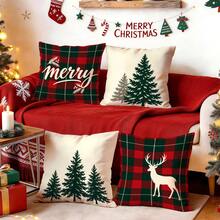 4pcs/1pc Christmas Plaid Christmas Tree Pattern Pillow Case Without Insert, Single-Sided Printed Pillow Case, Suitable For Living Room Bedroom Home Decor, All-Season Pillow Case - Multicolor - View 2