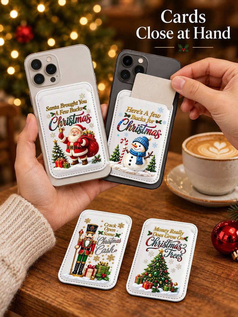 New Christmas Phone Back Card Holder, Magnetic Phone Card Wallet/Pouch Compatible With Magnetic Phones And Phone Cases, Slim Faux Leather Material Phone Back Card Holder With RFID Anti-Theft Function And Push-Out Card Slot Design, Lightweight Wallet Alternative, Suitable For Travel, Shopping And Daily Carry, Essential For Christmas Travel, Perfect Gift For Family And Friends, Christmas Gift - Multicolor - View 1