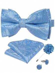 Light Blue Paisley Jacquard Men's Pre-Tied Bow Tie 4-Piece Set With Pocket Square, Cufflinks, Lapel Pin, For Business Formal Occasions - Baby Blue - View 1