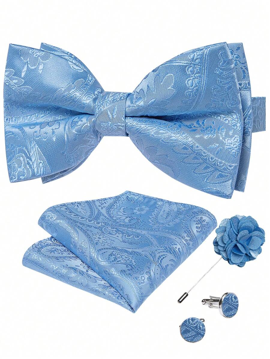 Light Blue Paisley Jacquard Men's Pre-Tied Bow Tie 4-Piece Set With Pocket Square, Cufflinks, Lapel Pin, For Business Formal Occasions - Baby Blue - View 1