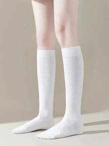 1/4 Pair Women's Pure White Ribbed Over-The-Knee Socks, Elastic Breathable Soft Knitted Casual Socks, Suitable For Daily Sports, Halloween, Christmas Party - White - View 3