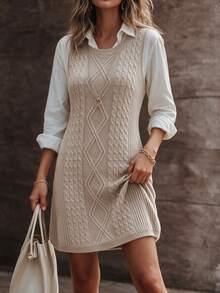 SEREN Fashion Women's Round Neck Sleeveless Cable Knit Dress, Autumn Fashion Outfit - Light Gray - View 2