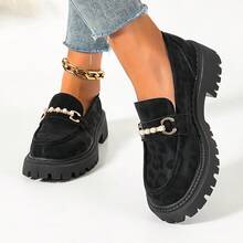 Women's Leopard Print Round Toe Thick Sole Pearl Metal Buckle Loafers, Spring/Autumn Retro Platform Height-Increasing Student Commuter British Style Shoes - Black - View 3