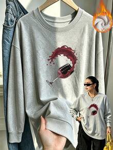 Casual Women's Thermal Lined Sweatshirt, Long Drop Shoulder Pullover With Ribbed Knit Details And Unique Wine Glass Print, Suitable For Winter - Flower Gray - View 11