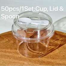 100pcs/50pcsClear PET Plastic Dessert Cups With Lid & Attached Spoon, Disposable Transparent Pudding Yogurt Container, Overnight Oats Fruit Salad Bowl For Bakery, Party & Homemade Dessert.Random Stickers - Transparent - View 10