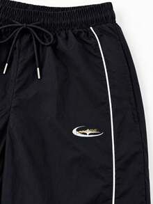 Men's Black Sports Long Pants, Joggers, Athletic Pants, Contrast Trim, Letter Print, Drawstring Waist, Elastic Cuffs, Side Pockets, Sportswear - Black - View 8