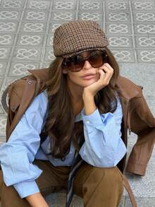 1pc Women's Fashion Plaid Woven Anchor Pattern Newsboy Cap, Korean Style, Suitable For Daily Wear And Matching - Coffee Brown - View 1