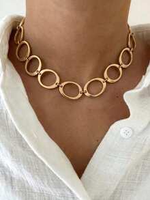 1pc Fashion Minimalist Metal Texture Geometric Round Disc Patchwork Necklace, Versatile Design With Tactile Round Disc Circular Patchwork Neck Chain, Suitable For Women's Daily, Vacation And Party Wear - Gold - View 1