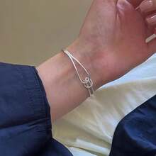 1pc Minimalist Niche Asymmetric Double Layer Curved Tube & Starry Spliced Half Chain Bracelet - Antique Silver - View 2