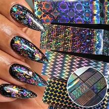 10Pcs Autumn Holographic Laser Nail Transfer Foil Set,Rainbow Iridescent Geometric Checker Wave Circle Pattern Nail Art Stickers,Shiny Starry Sky Sliders,DIY Manicure Decals For Party Holiday Nail Gel Decoration - Multicolor - View 9