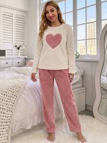 Autumn/Winter Casual Soft Plush 2 Pieces Pajama Set, Round Neck Heart Embroidery Long Top & Loose Wide Leg Pants, Warm Winter Loungewear - Pink - View 4