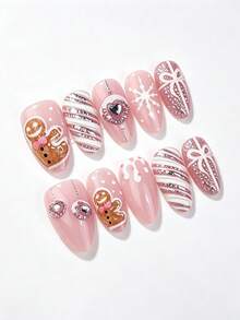 10Pcs Almond Press On Nails, Pink Base With Gingerbread Man, Snowflake, Bow & Rhinestone Decor, Christmas Winter Holiday False Nails , Removable Reusable Full Cover Nail Tips For Party Daily Wear, Festive Manicure For Women And Girls - Multicolor - View 3