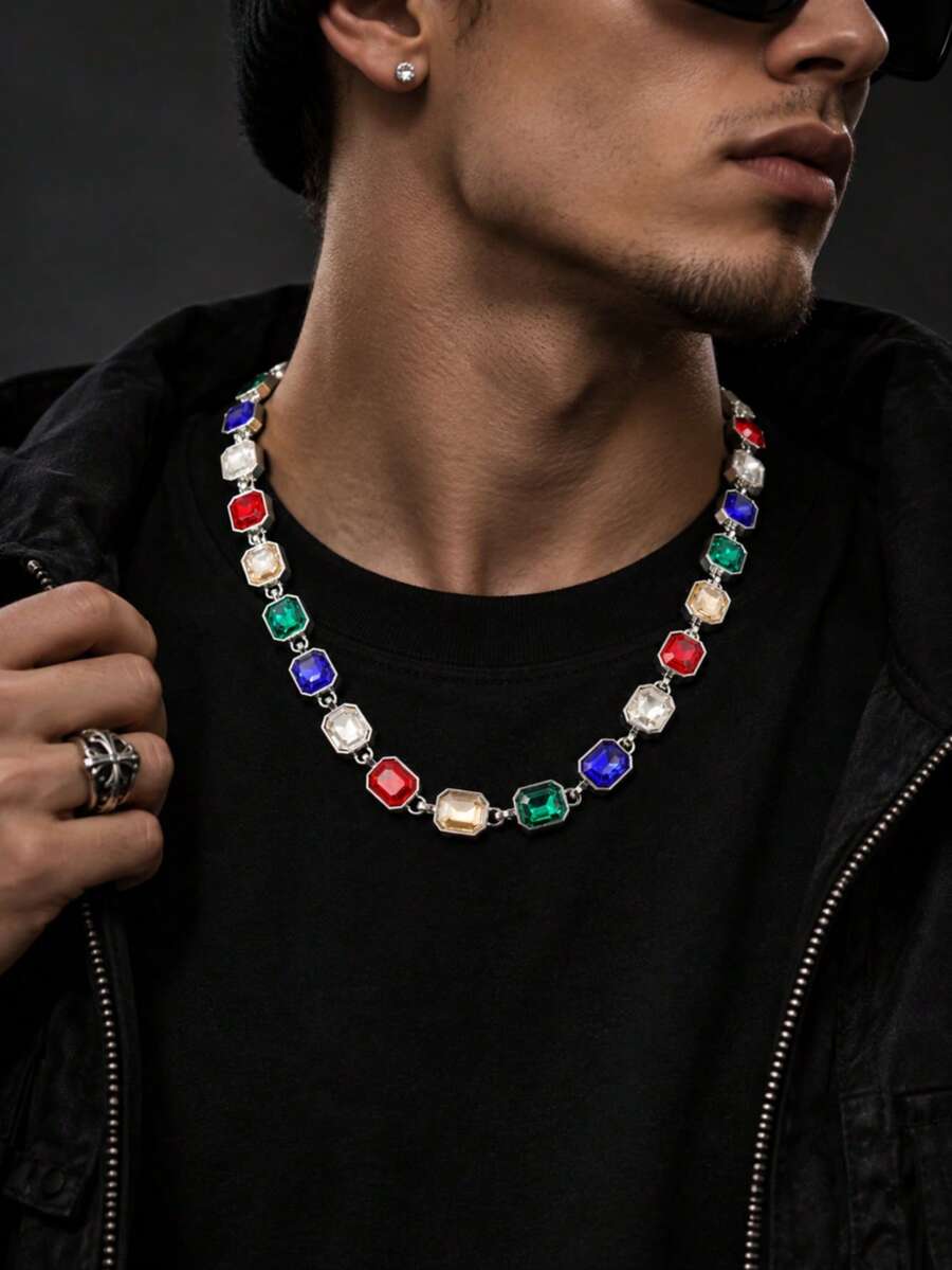 1pc 10mm Colorful Men's Hip Hop Cuban Link Necklace, European & American Street Style Accessory, Versatile Men's Fashion Jewelry, Couple Gift For Daily Wear, Holiday, Birthday - Colorful - View 1