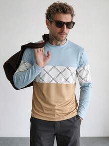 Men's Contrast Color Argyle Patchwork Crew Neck Long Sleeve T-Shirt, Casual Versatile Slim Fit Base Layer Top - Mint Blue - View 1