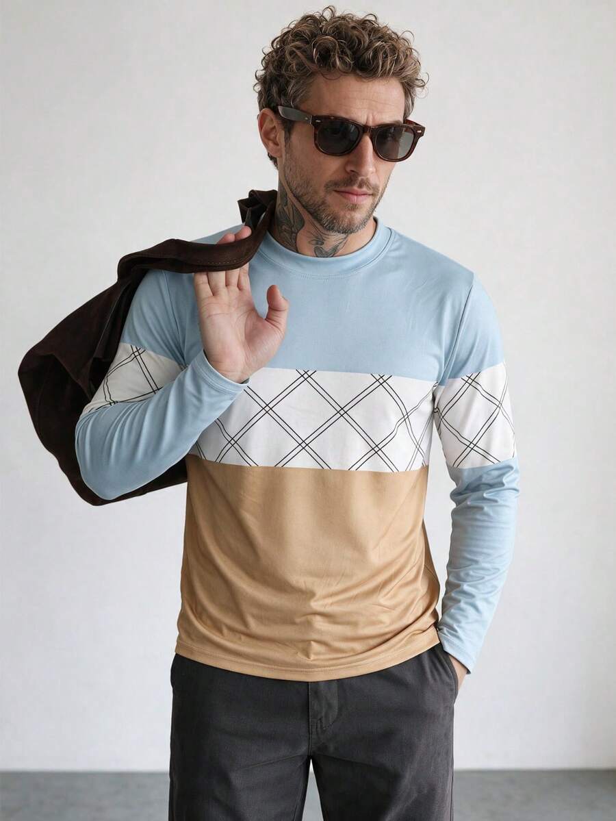 Men's Contrast Color Argyle Patchwork Crew Neck Long Sleeve T-Shirt, Casual Versatile Slim Fit Base Layer Top - Mint Blue - View 1