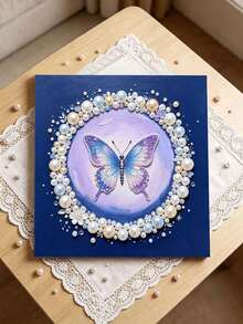 A Set Of Handmade Pearl Painting With A Frame, Featuring A Purple Butterfly Design. The Set Includes All The Handmade Tools And A Frame. It Is The Perfect Gift For Birthdays And Holidays. - A - View 2