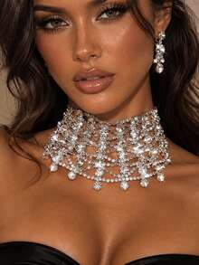 Exquisite Shiny Hollow Mesh Pearl Necklace, Evening Party Ball Women's Formal Dress Accessory - Silver - View 1