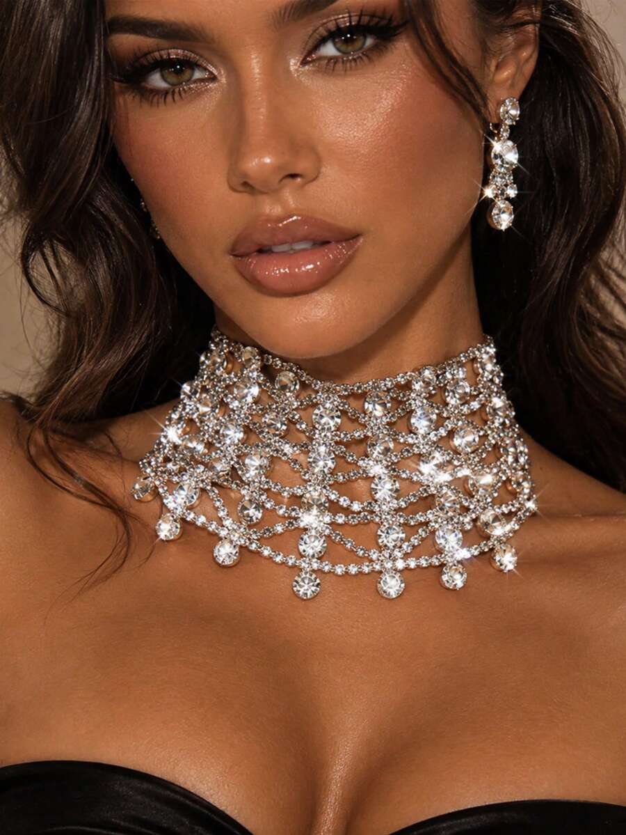 Exquisite Shiny Hollow Mesh Pearl Necklace, Evening Party Ball Women's Formal Dress Accessory - Silver - View 1