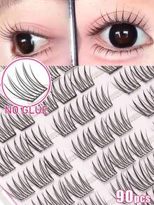 90pcs C Curl Cartoon Style Natural False Eyelashes, No Glue Needed, Lightweight Suitable For Daily Wear, Reusable, Self-Adhesive Glue-Free False Eyelashes, 3 Seconds Quick Application, Firm And Durable - C - View 2
