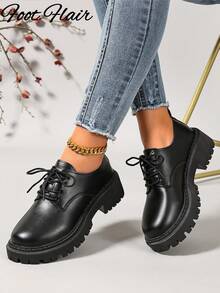 Foot Flair 春季女款啞光黑 PU 牛津鞋，厚底平底休閒套腳樂福鞋，帶扣飾設計，耐穿黑色厚底英倫風樂福鞋，百搭 JK 校服正式鞋，適合學生、假期、夏季時尚圓頭綁帶厚底瑪麗珍鞋 - 霧面黑色 - 查看 5