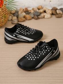 Boys' Star Stripe Studded Soccer Shoes, Lace-Up Non-Slip Kids' Sports Field Training Football Shoes - Black - View 7