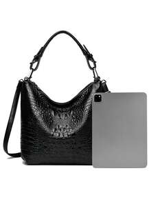 Vintage Crocodile Embossed Bucket Bag With Wide Strap, Fashionable Handbag, Crossbody And Shoulder Bag - Black - View 9