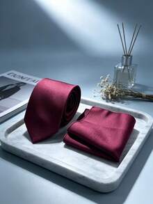 1pc Men's 8cm Textured Tie & Pocket Square 2 Pieces Set, Suitable For Wedding, Party, Groom, Business Casual, Birthday, Dinner Party - Burgundy - View 2