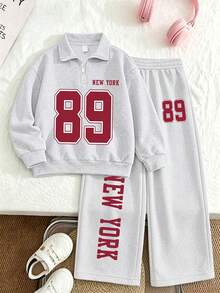 Women's Creative College Style Fashion Minimalist Digital Print Half-Zip Stand Collar Sweatshirt With Printed Loose Wide Leg Pants, 2-Piece Set For Autumn/Winter Daily Wear - Light Grey - View 2