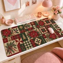 Vintage Christmas Floral Patchwork Desk Mat, 1pc Extended Mouse Pad With 4 Styles, Gingerbread Bow Holly And Candy Cane Design, Polyester Surface With Non-Slip Rubber Base For Office, Home, Dorm And Gaming, 3 Sizes Available - View 14