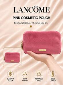 Lancôme Pink Velvet Makeup Bag, 20cm*16cm, Single Piece, Soft Large Capacity, Cosmetic Storage, Daily Use And Travel - Pink - View 3