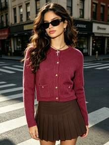 Cardigan Rajut Wanita Warna Burgundy, Dengan Saku, Lengan Panjang, Panjang Standar, Bahan Poliester, Cocok Untuk Dipakai di Musim Gugur/Musim Dingin. - Burgundy - View 3