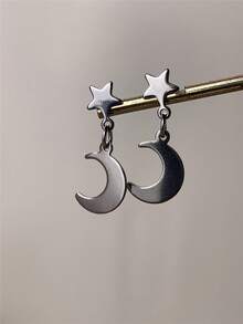 1 Pair Stainless Steel Punk Style Star & Moon Earrings, Minimalist & Compact, Suitable For Daily Wear And Party, Casual Fashion Accessory - Silver - View 7
