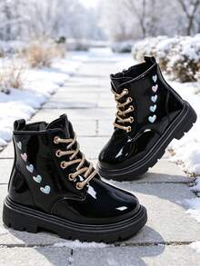 1 Pair Kids' Boots, Shiny PU + Colorful Heart Decor, Round Toe Soft Sole Height-Increasing Inner Zipper Design, Fashionable Cute Sweet Cool Biker Style Mid-Calf Leather Boots, Suitable For Daily, Holiday, School, Autumn/Winter New Style - Black - View 1