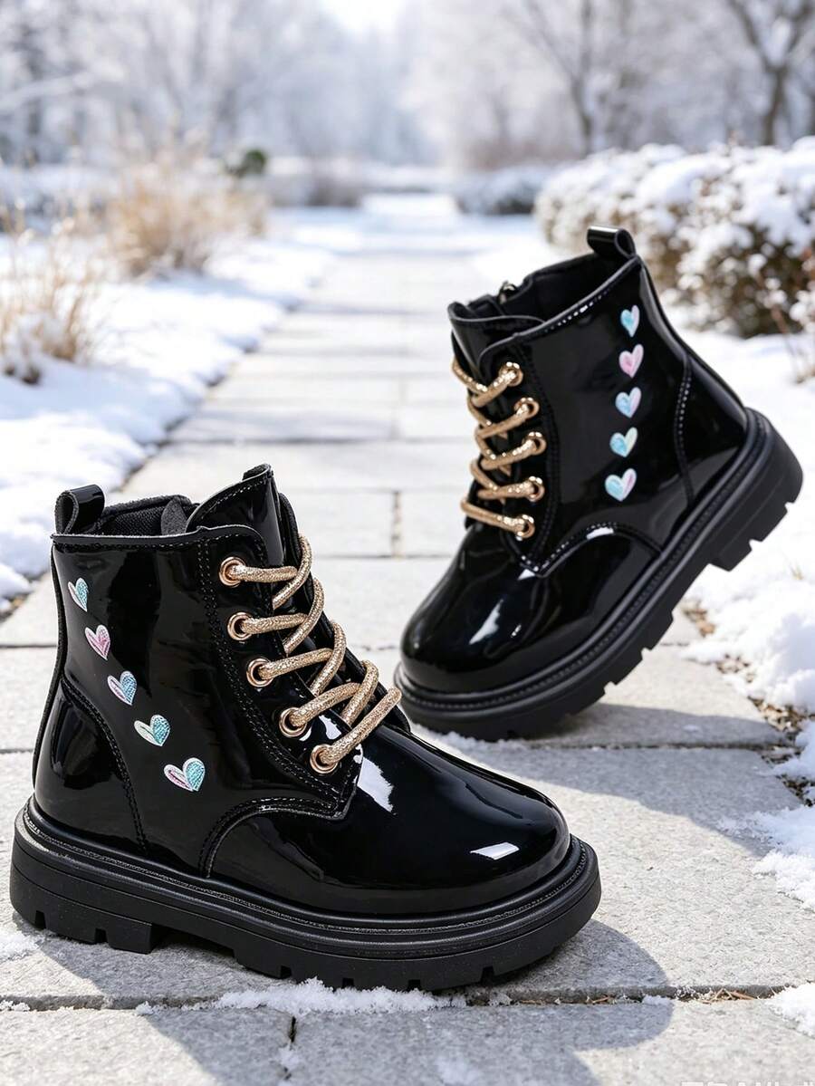 1 Pair Kids' Boots, Shiny PU + Colorful Heart Decor, Round Toe Soft Sole Height-Increasing Inner Zipper Design, Fashionable Cute Sweet Cool Biker Style Mid-Calf Leather Boots, Suitable For Daily, Holiday, School, Autumn/Winter New Style - Black - View 1