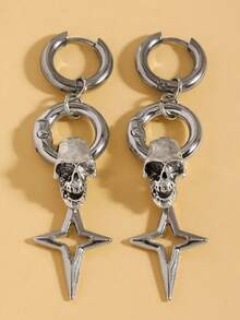 1 Pair Personalized Punk Hip-Hop Skull Cross Star Dangle Earrings, Stainless Steel Long Ear Hooks Sweet Cool Hot Girl Dark Gothic Women's Earrings, Suitable For Daily Wear, Party, Music Festival, Halloween, Jewelry Accessories - Silver - View 2