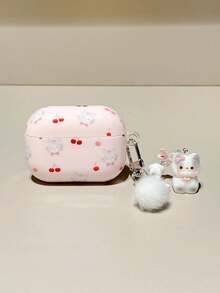 Girl Pink Cute Cherry Cat Design Protective Case Compatible With Apple Pods 5/4/3, Pods Pro 3 Earphone Cover, Wireless Bluetooth Pods 1/2 New 3rd Generation Soft Shell - Baby Pink - View 1