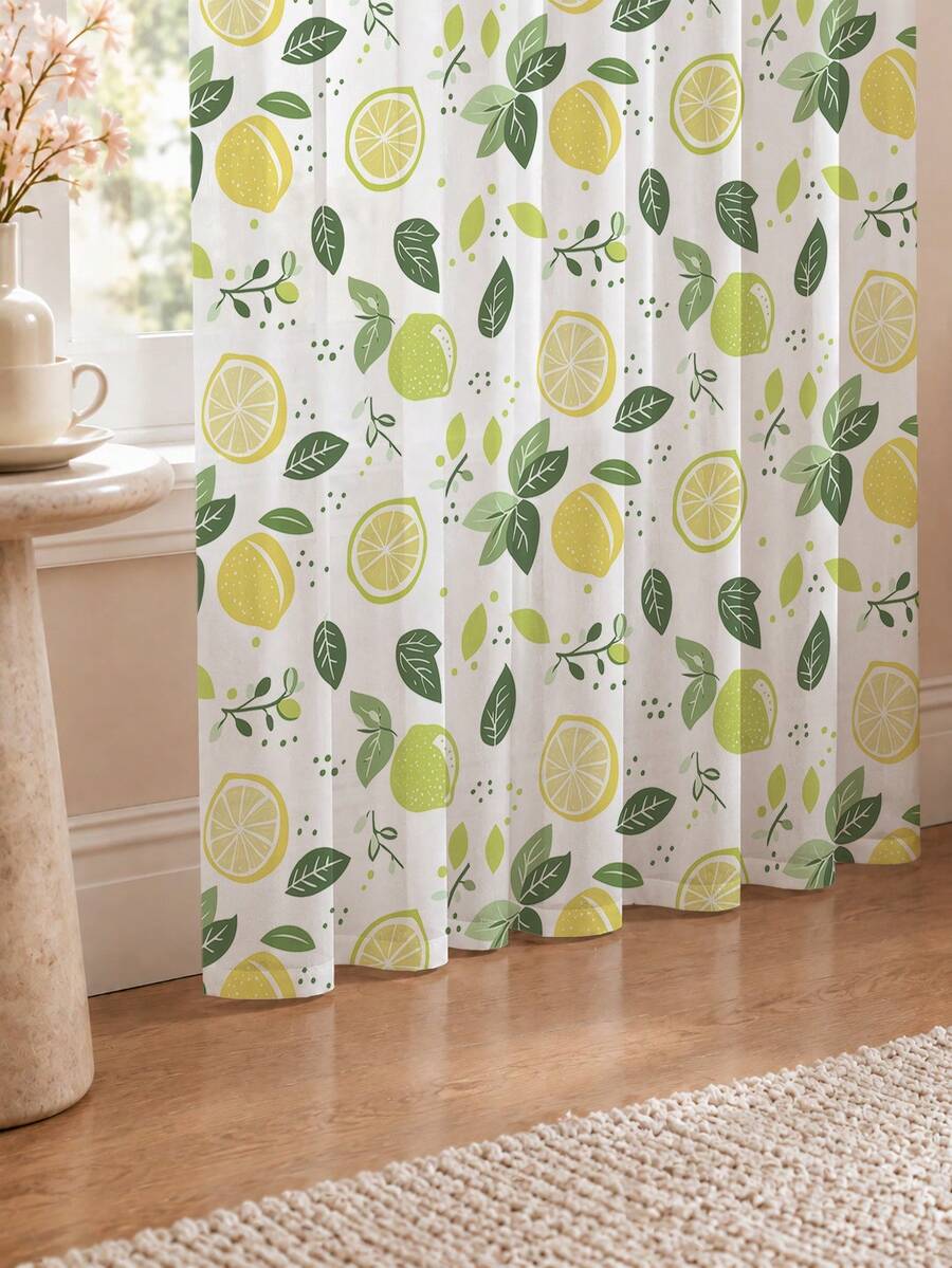 2PCS Lemon Citrus Leaf Print High Density Mesh Curtains, Fresh Light Filtering Rod Pocket Window Panels - Multicolor - View 1