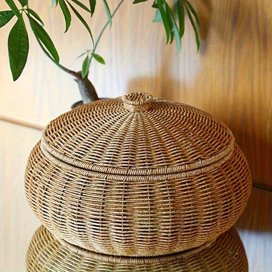 1個復古風塑編收納籃附蓋，多功能塑編收納籃，防塵層架籃，適用於臥室、客廳，可收納水果、零食、珠寶、化妝品 - 彩色 - 查看 1