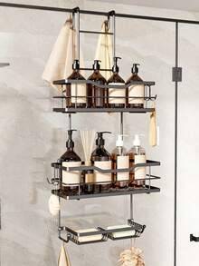 3-Tier Over-The-Door Shower Caddy, Large Capacity, With 2 Soap Dishes And 8 Hooks, Rust-Resistant Easy Installation, Suitable For Bathroom Door, Black/Silver, Bathroom Accessories, Room Decor - Multicolor - View 11