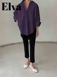 VELLA Women's Autumn Elegant Loose 3/4 Sleeve Rolled Cuff Plus Size Shirt, Commute, Back To School, Outing, Casual - Purple - View 3