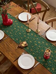 1PC Green Table Runner With Gold Bell & Snowflake Pattern, Foil Print, Farmhouse Christmas Style, Woven Fabric With Tassel Edge, Washable & Wrinkle Resistant, Decorative Table Runner For Dining Table, Coffee Table, Xmas Holiday Party Decoration - Green - View 5
