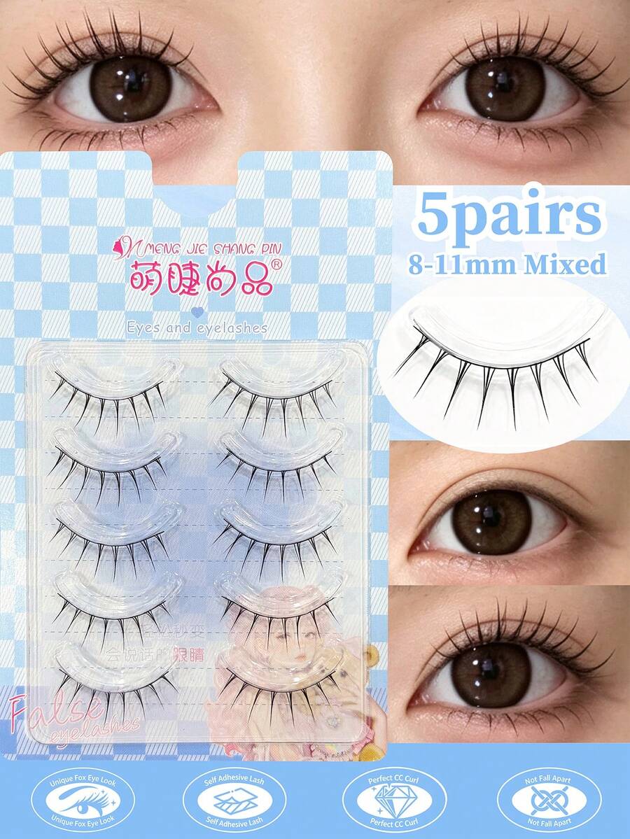 MENGJIESHANGPIN 5 Pairs Cute Eyelash Brand Japanese/Korean Style Transparent Idol Group Pointed Tail False Eyelashes, One-Piece Natural Hair Feeling, Suitable For Beginners Strip Lashes,Lashes,Eyelashes,Fake Lashes