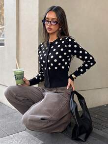 Roviva Women's Autumn Casual Commute French Polka Dot Long Sleeve Knit Sweater, Suitable For Party, Gathering, Holiday, Birthday Party, Work Commute, - Black and White - View 9