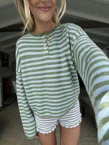 MORI Fall Winter Women Sweaters Elegant Casual Y2K Green Blue Striped Henley Neck Button Drop Shoulder Oversized Loose Knit Pullover Top - Teal - View 3